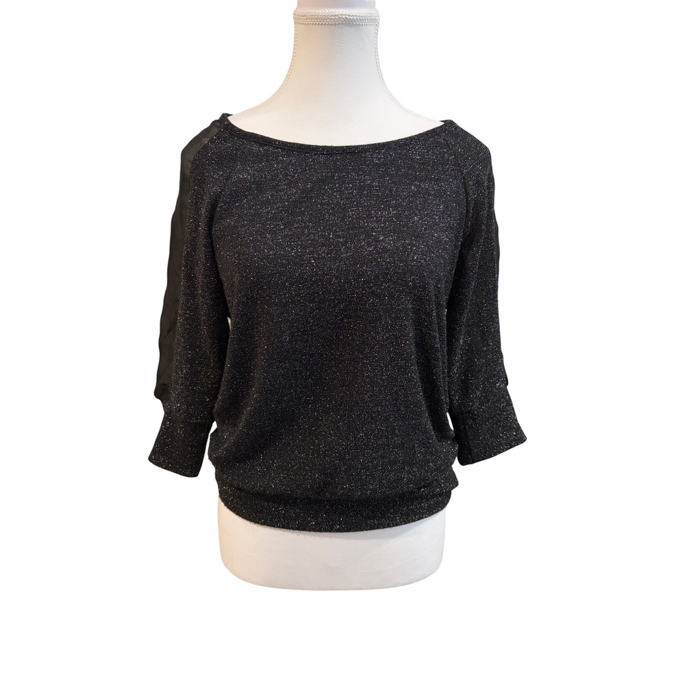 Women's Black Glitter Sparkle Top by & by Size L Dolman Sleeve Evening Party